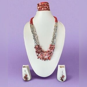 Red Shell and Seed Beaded Earrings and Wrap Bracelet and Multi Strand Necklace